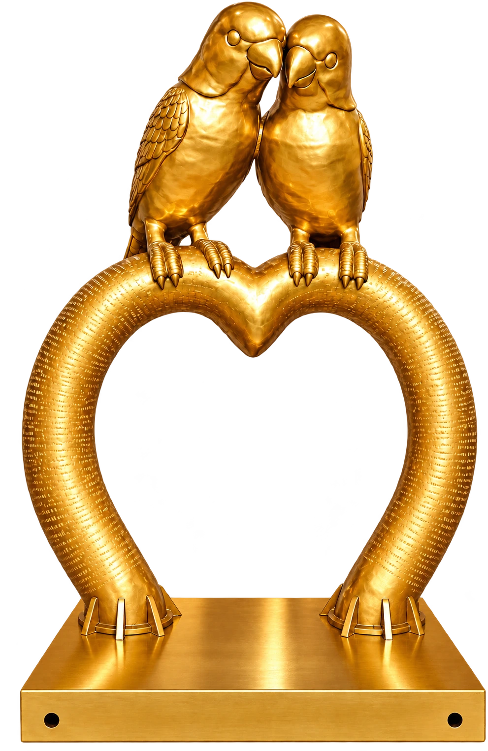 Golden love birds monument: two gold birds perched on a heart-shaped arch