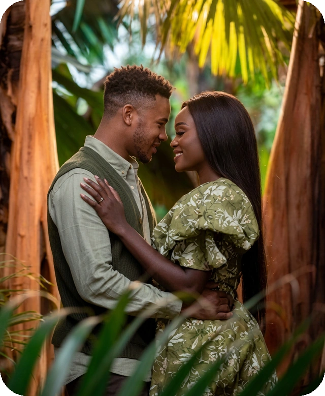 A couple beneath tropical palms